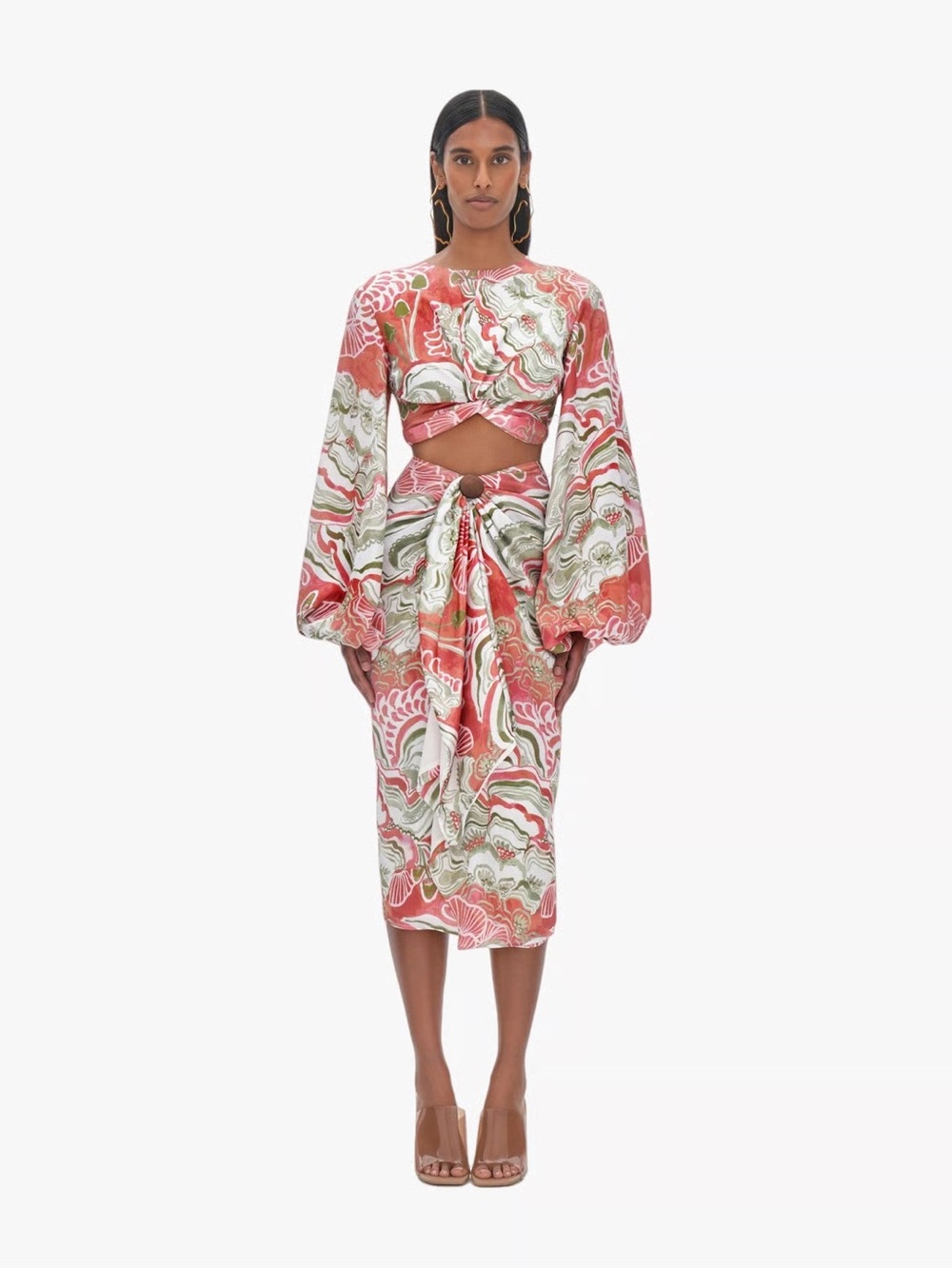 Andrea Iyamah Coral, Green & White Knot-Front Wrap Set - Crop Top and Midi Skirt